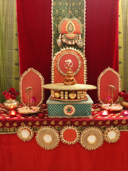 Shree Samriddhi Pooja Decor Set | Premium Red & Green Pooja Chowki Set with Banarasi Backdrop & Brass Accessories | Decor Chidiya