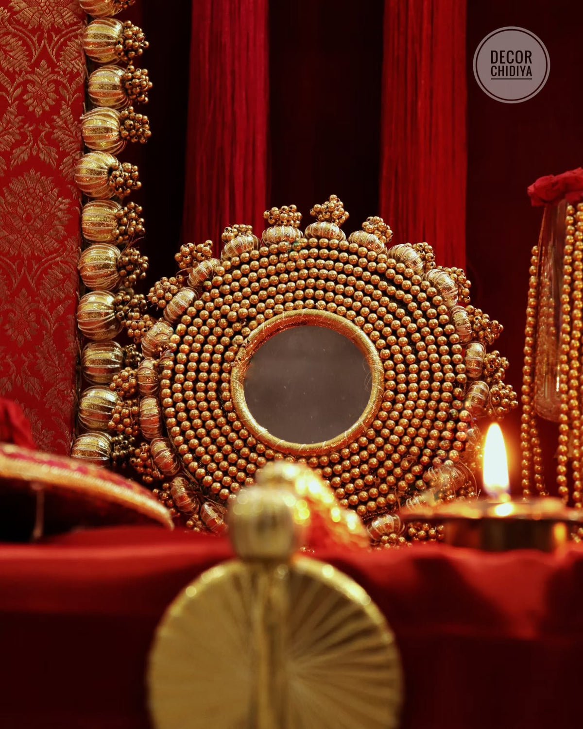 Shree Manikya Pooja Decor Set | Premium Red & Gold Banarasi Pooja Chowki Set with Decorative Backdrop, Tassels & Brass Accessories | Decor Chidiya