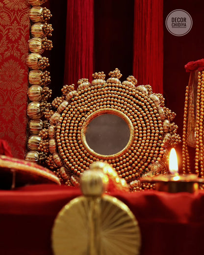 Shree Manikya Pooja Decor Set | Premium Red & Gold Banarasi Pooja Chowki Set with Decorative Backdrop, Tassels & Brass Accessories | Decor Chidiya