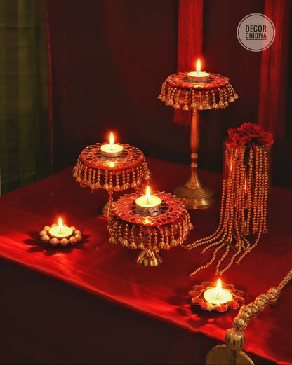 Shree Manikya Pooja Decor Set | Premium Red & Gold Banarasi Pooja Chowki Set with Decorative Backdrop, Tassels & Brass Accessories | Decor Chidiya