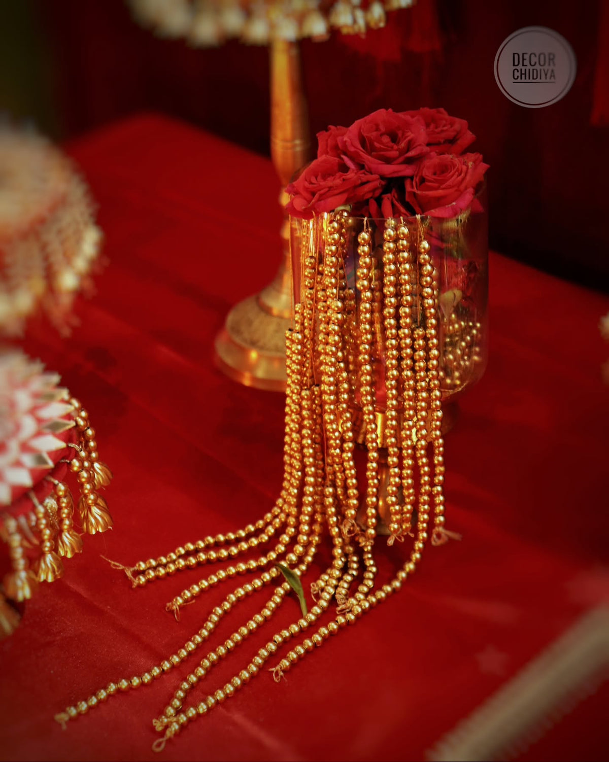 Shree Manikya Pooja Decor Set | Premium Red & Gold Banarasi Pooja Chowki Set with Decorative Backdrop, Tassels & Brass Accessories | Decor Chidiya