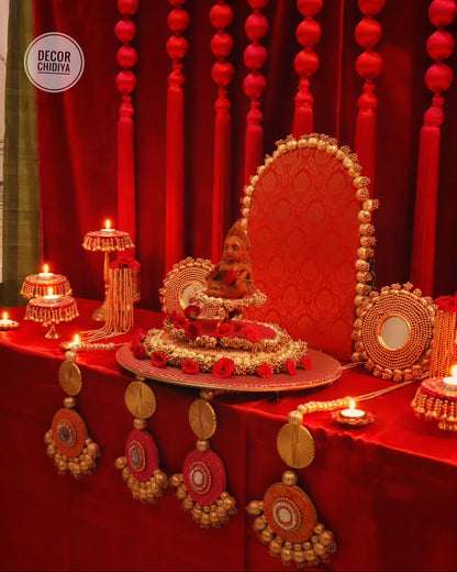 Shree Manikya Pooja Decor Set | Premium Red & Gold Banarasi Pooja Chowki Set with Decorative Backdrop, Tassels & Brass Accessories | Decor Chidiya