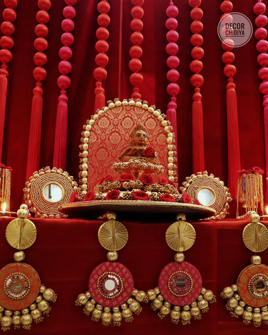 Shree Manikya Pooja Decor Set | Premium Red & Gold Banarasi Pooja Chowki Set with Decorative Backdrop, Tassels & Brass Accessories | Decor Chidiya