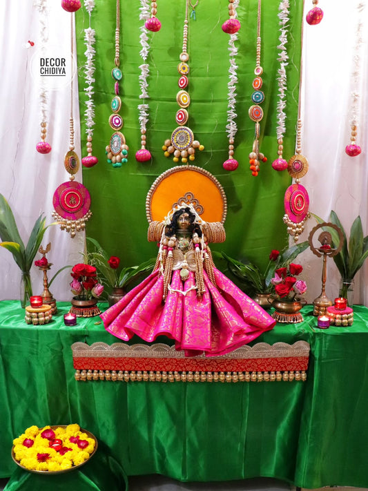 Padma - Varlakshmi Decor Set with Pooja Mandap – Traditional Pink & Green Festive Setup for Home Pooja