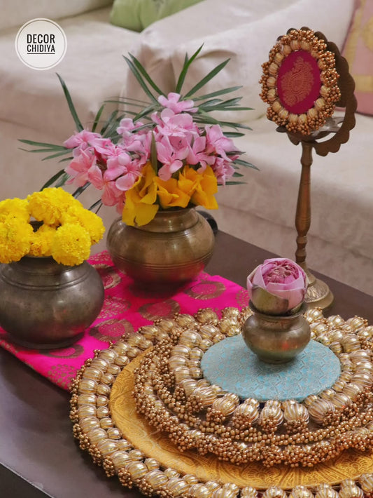 Satrang  – Yellow & firozi Coffee Table Decor | Traditional Pooja Placemats Set