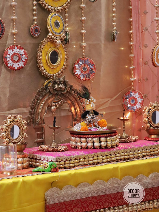 Surya Mandap - Royal Mirrorwork Pooja Decor Set – Handcrafted Traditional Backdrop & Table Styling