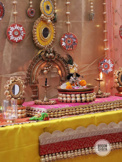 Surya Mandap - Royal Mirrorwork Pooja Decor Set – Handcrafted Traditional Backdrop & Table Styling