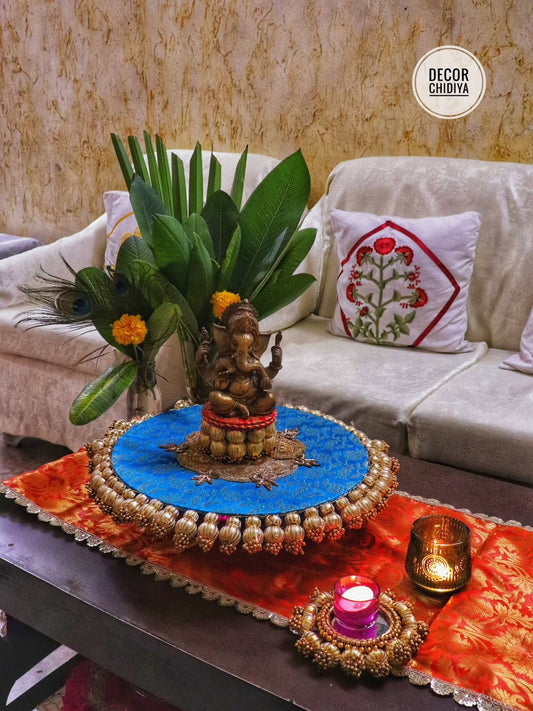 Mandala Coffee Table Decor Set – Orange & Blue Placemat, Runner | Handmade Festive & Pooja Styling