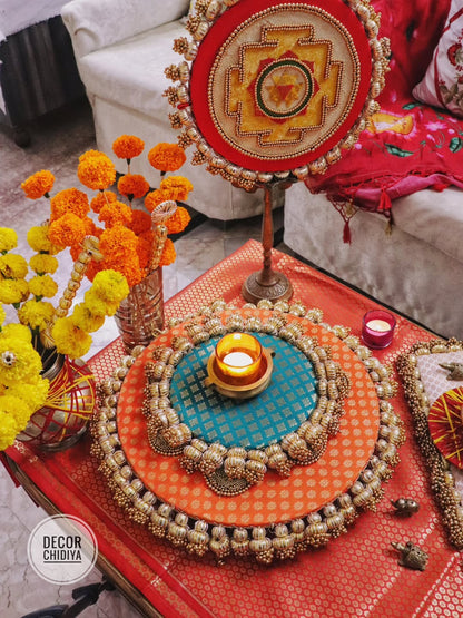 Shree Yantra Glow Brass Pooja & Festive Table Decor Set – Traditional Indian Home Styling