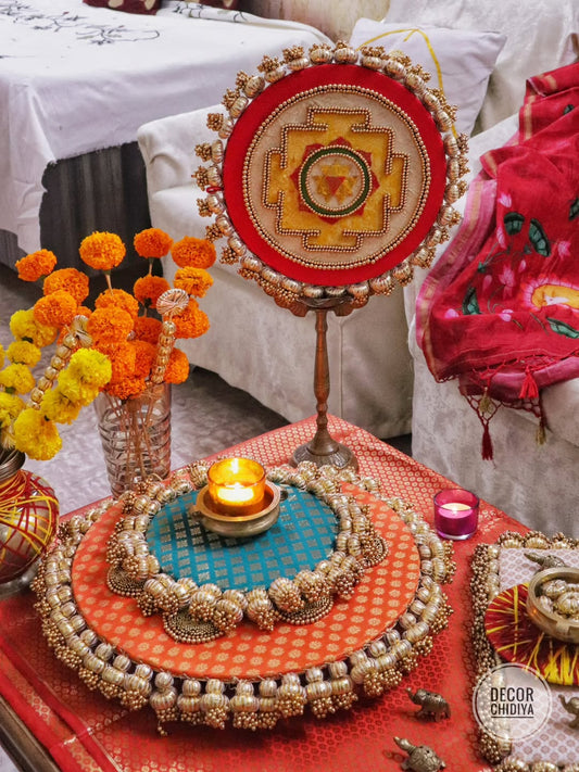 Shree Yantra Glow Brass Pooja & Festive Table Decor Set – Traditional Indian Home Styling