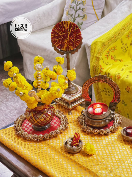 Haldi Glow Brass Pooja & Festive Table Decor Set – Traditional Indian Styling