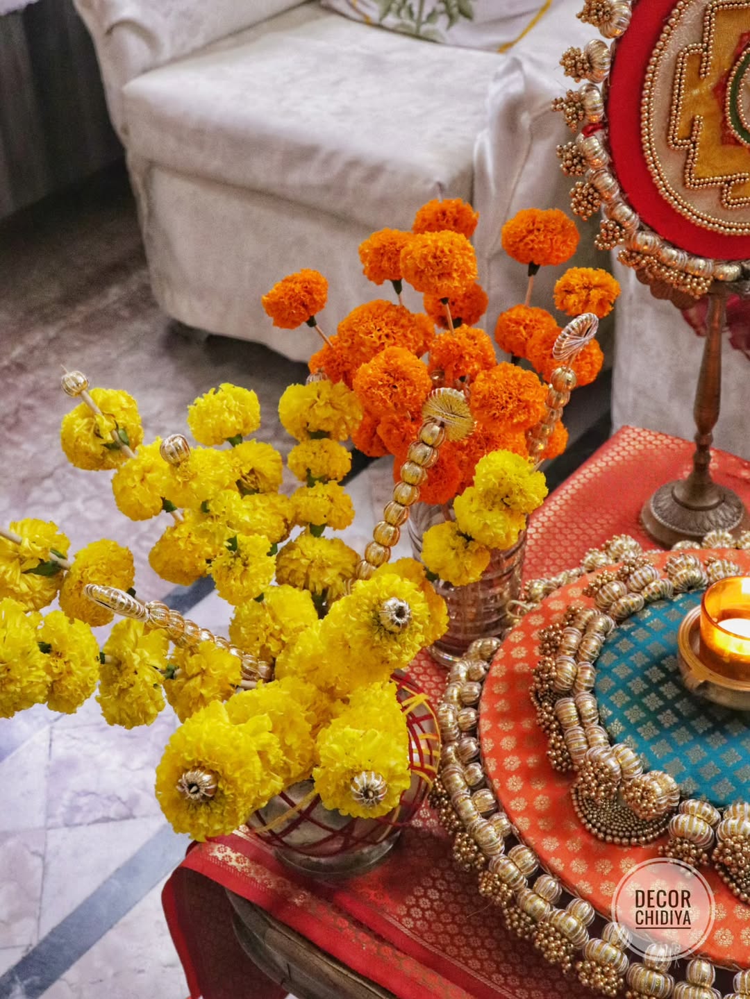 Shree Yantra Glow Brass Pooja & Festive Table Decor Set – Traditional Indian Home Styling