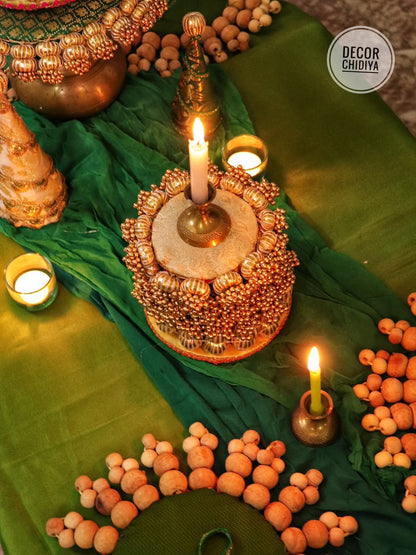 Emerald Banarasi Jewel Tablescape Decor Set – Handcrafted Indian Green Tablescape with Banarasi Fabric, Pearl & Wooden Bead Accents for Festive Dining, Wedding & Home Styling