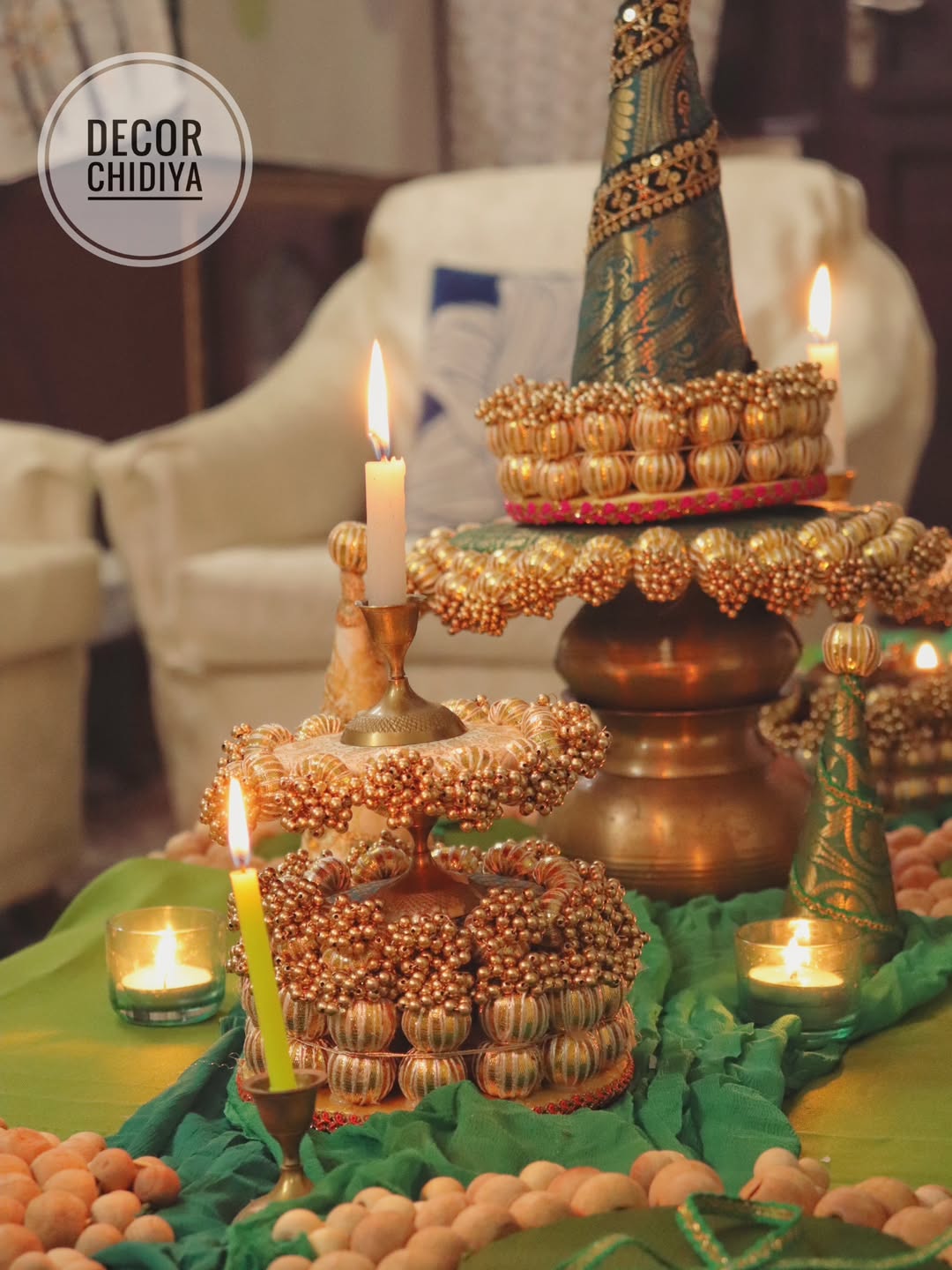 Emerald Banarasi Jewel Tablescape Decor Set – Handcrafted Indian Green Tablescape with Banarasi Fabric, Pearl & Wooden Bead Accents for Festive Dining, Wedding & Home Styling