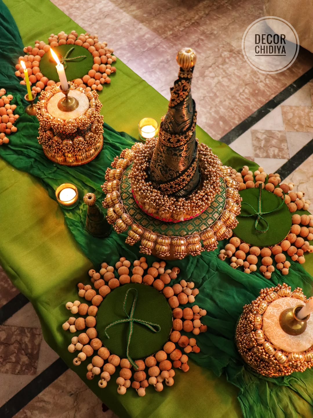 Emerald Banarasi Jewel Tablescape Decor Set – Handcrafted Indian Green Tablescape with Banarasi Fabric, Pearl & Wooden Bead Accents for Festive Dining, Wedding & Home Styling