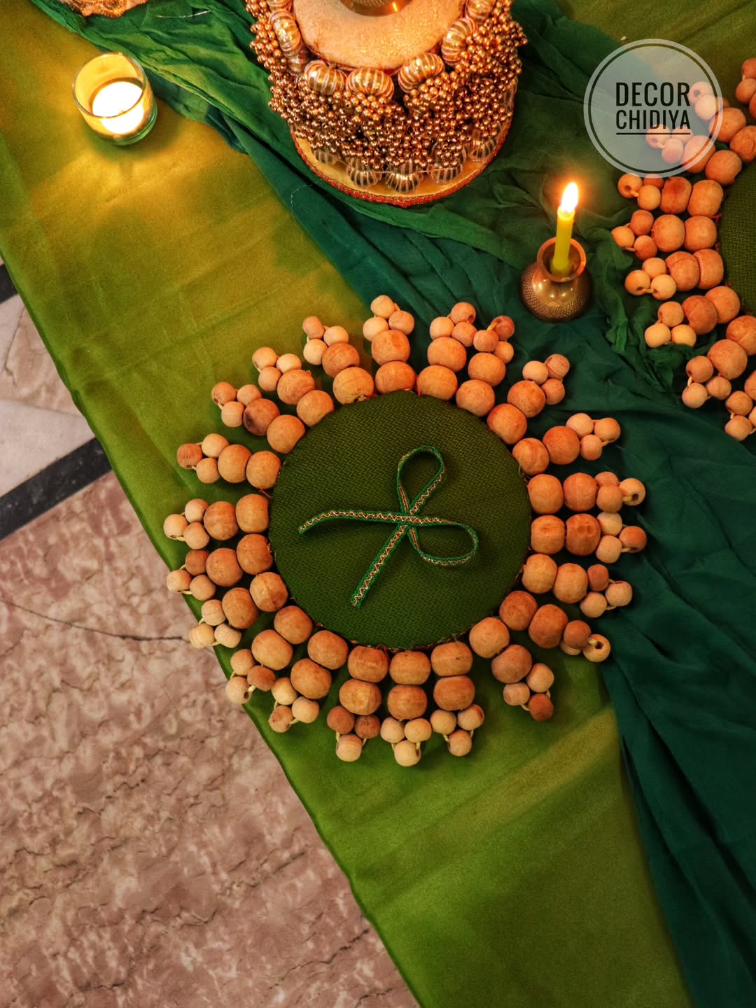 Emerald Banarasi Jewel Tablescape Decor Set – Handcrafted Indian Green Tablescape with Banarasi Fabric, Pearl & Wooden Bead Accents for Festive Dining, Wedding & Home Styling