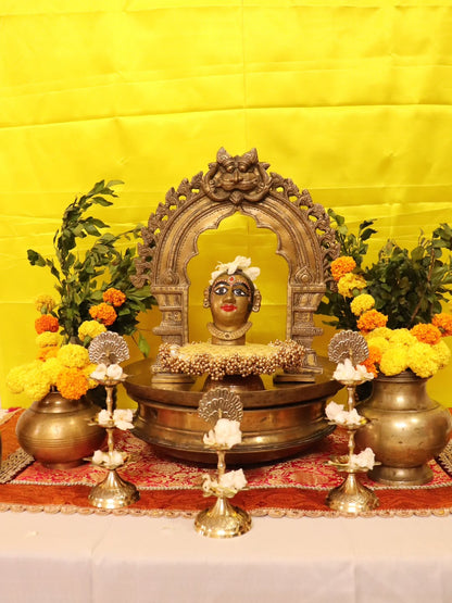 Traditional Brass Pooja Decor Set (11 Pieces) with Kirtimukh Prabhavalli & Gauri Mukh
