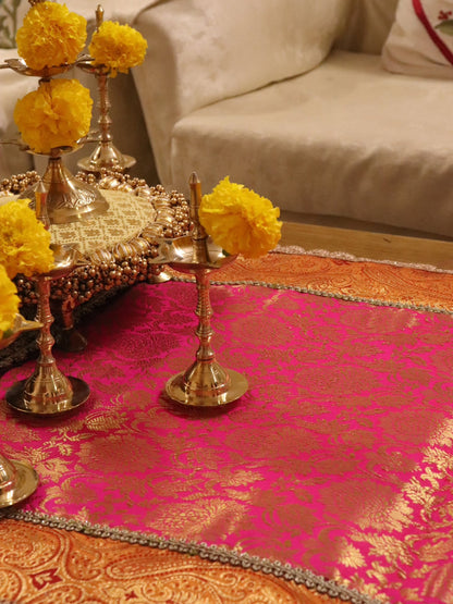 Embroided Banarasi Table  runner - Pink  and yellow