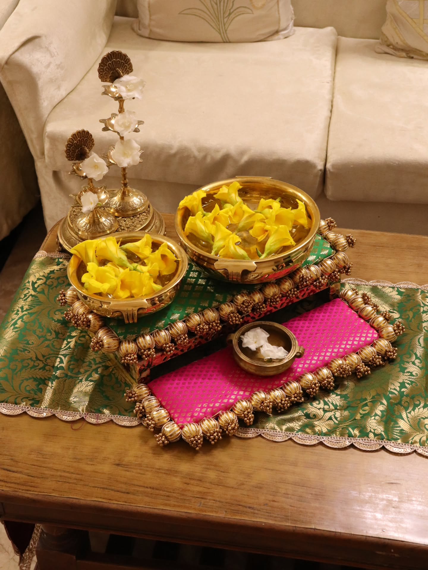 Peacock Heritage Festive Decor Set | Traditional Indian Table Decor with Brass Urli, Peacock Lamp & Brocade Placemats
