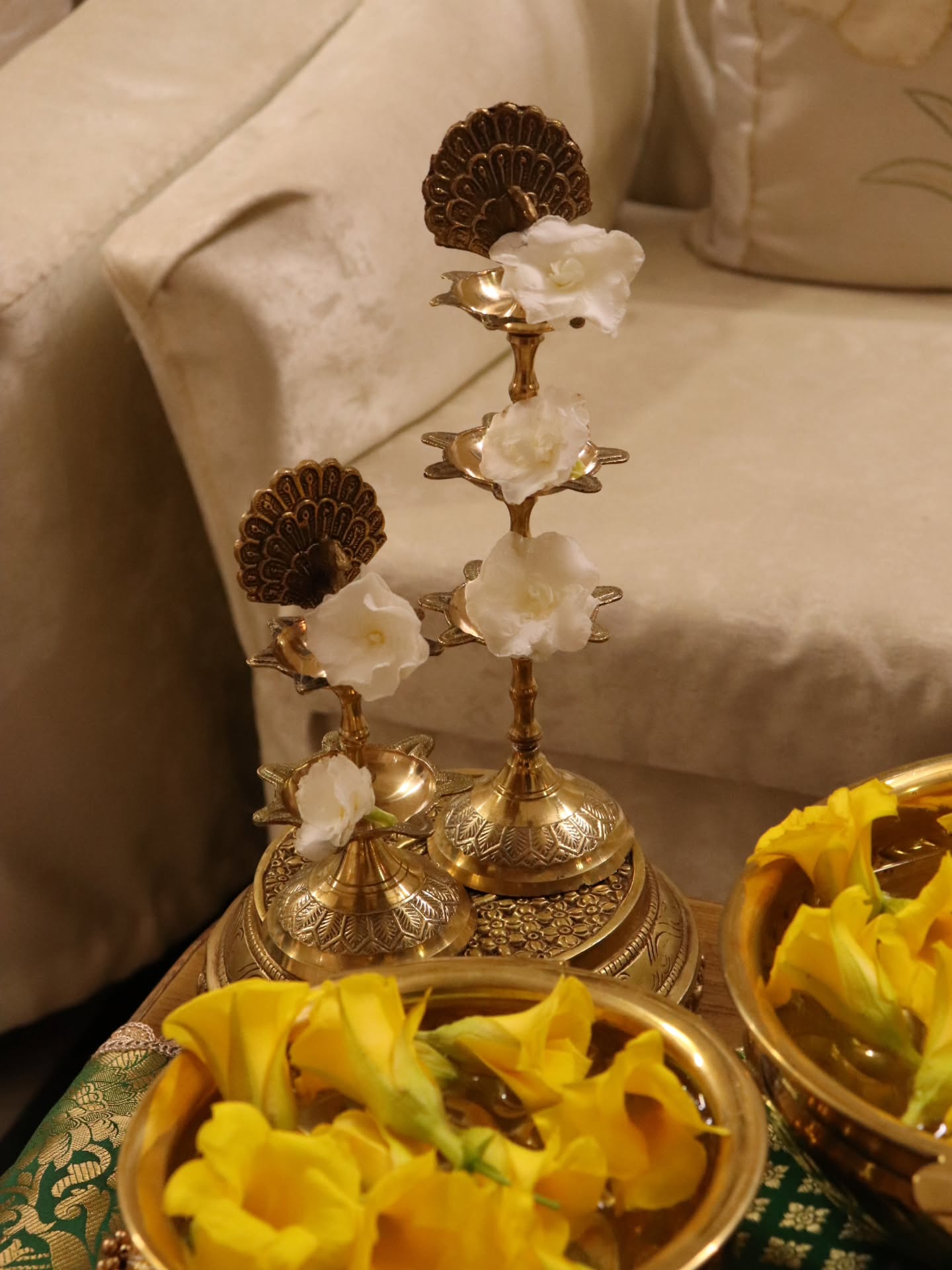 Peacock Heritage Festive Decor Set | Traditional Indian Table Decor with Brass Urli, Peacock Lamp & Brocade Placemats