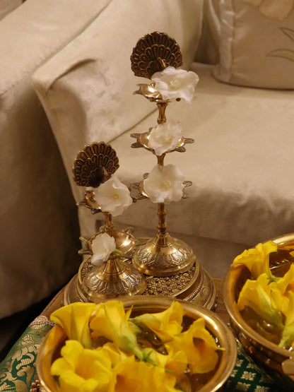 Peacock Heritage Festive Decor Set | Traditional Indian Table Decor with Brass Urli, Peacock Lamp & Brocade Placemats