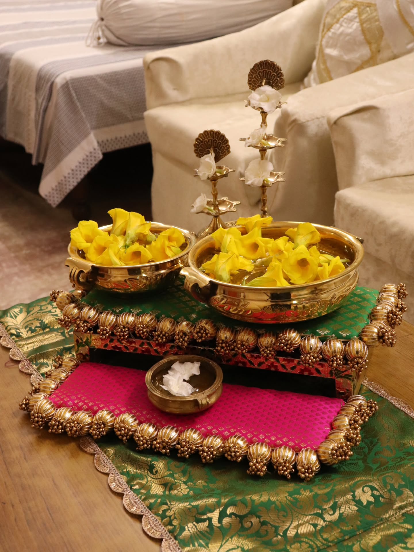 Peacock Heritage Festive Decor Set | Traditional Indian Table Decor with Brass Urli, Peacock Lamp & Brocade Placemats