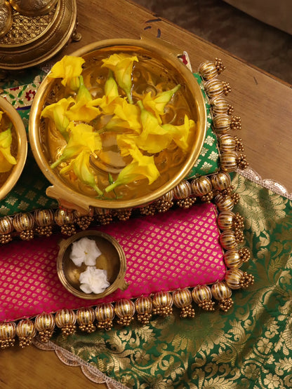 Peacock Heritage Festive Decor Set | Traditional Indian Table Decor with Brass Urli, Peacock Lamp & Brocade Placemats