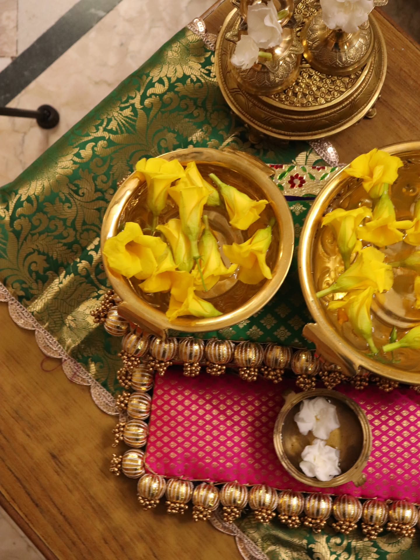 Peacock Heritage Festive Decor Set | Traditional Indian Table Decor with Brass Urli, Peacock Lamp & Brocade Placemats