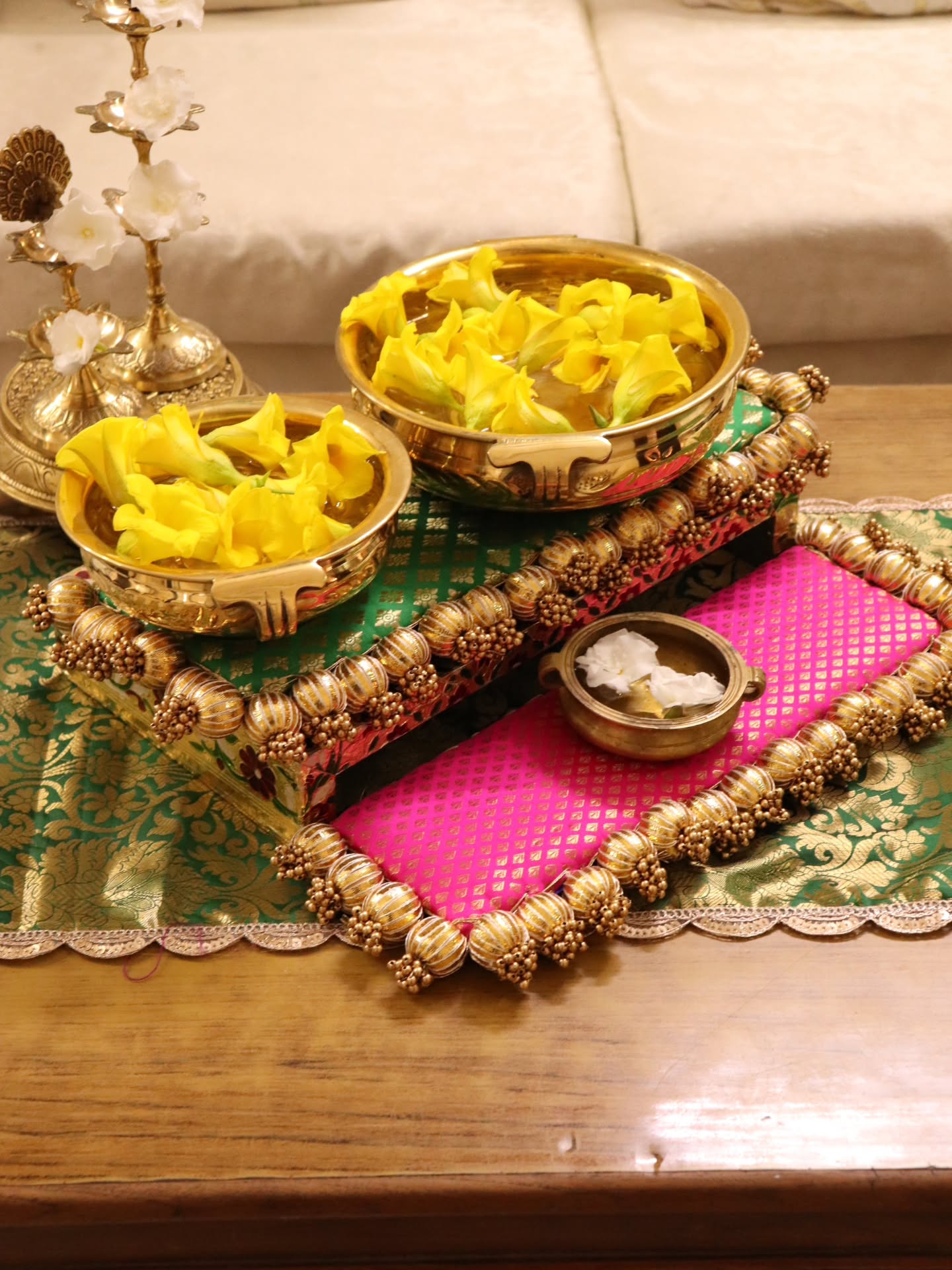 Peacock Heritage Festive Decor Set | Traditional Indian Table Decor with Brass Urli, Peacock Lamp & Brocade Placemats