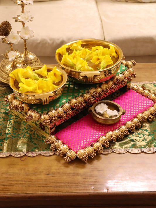 Peacock Heritage Festive Decor Set | Traditional Indian Table Decor with Brass Urli, Peacock Lamp & Brocade Placemats