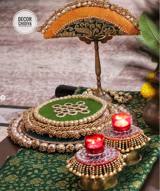 Kolam Mangalam Festive Pooja Table Decor – Green & Gold