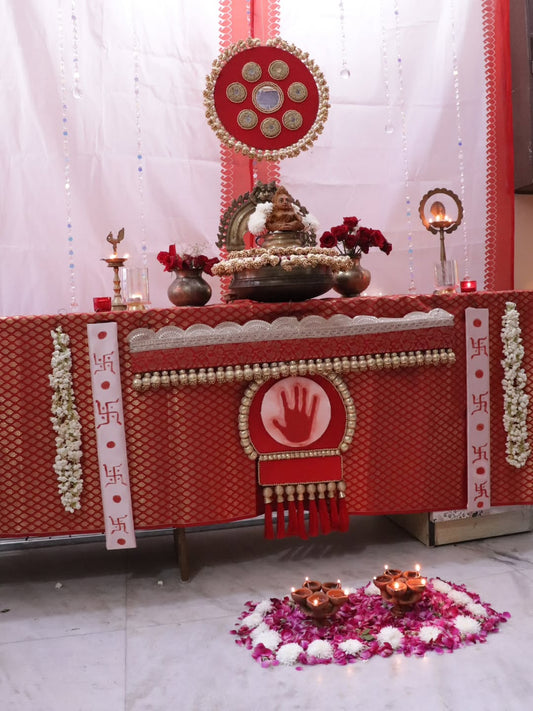 Personalized Bengali Pooja Decor Set | Custom Hand Impression Backdrop & Mandala Placemat