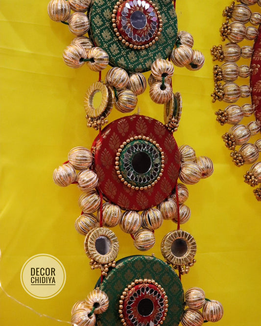 Purnachandrama Red & Green Brocade Hangings – Handmade Festive Decor | Multiple Lengths