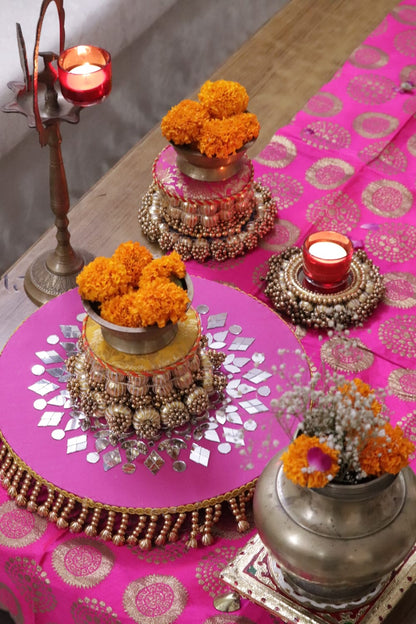 Genda Aur Roshaniyan - Festive Coffee Table Decor Set | Banarasi Pink & Gold Styling