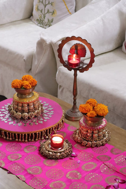 Genda Aur Roshaniyan - Festive Coffee Table Decor Set | Banarasi Pink & Gold Styling