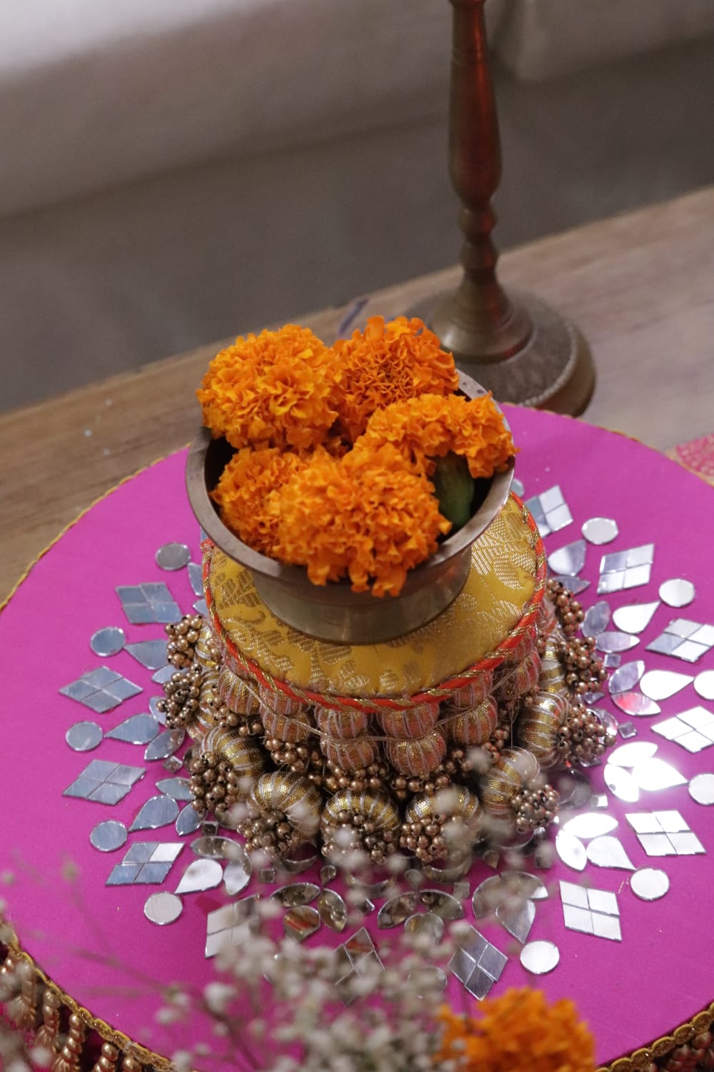 Genda Aur Roshaniyan - Festive Coffee Table Decor Set | Banarasi Pink & Gold Styling