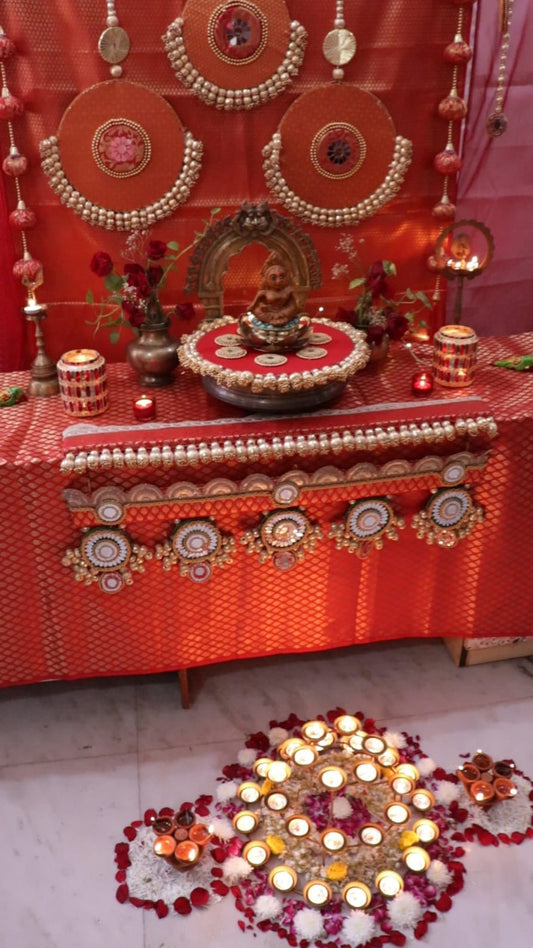 Sindoori Saaj – All Red Banarasi Pooja Temple Decoration Set | Traditional Red & Gold Mandir Decor