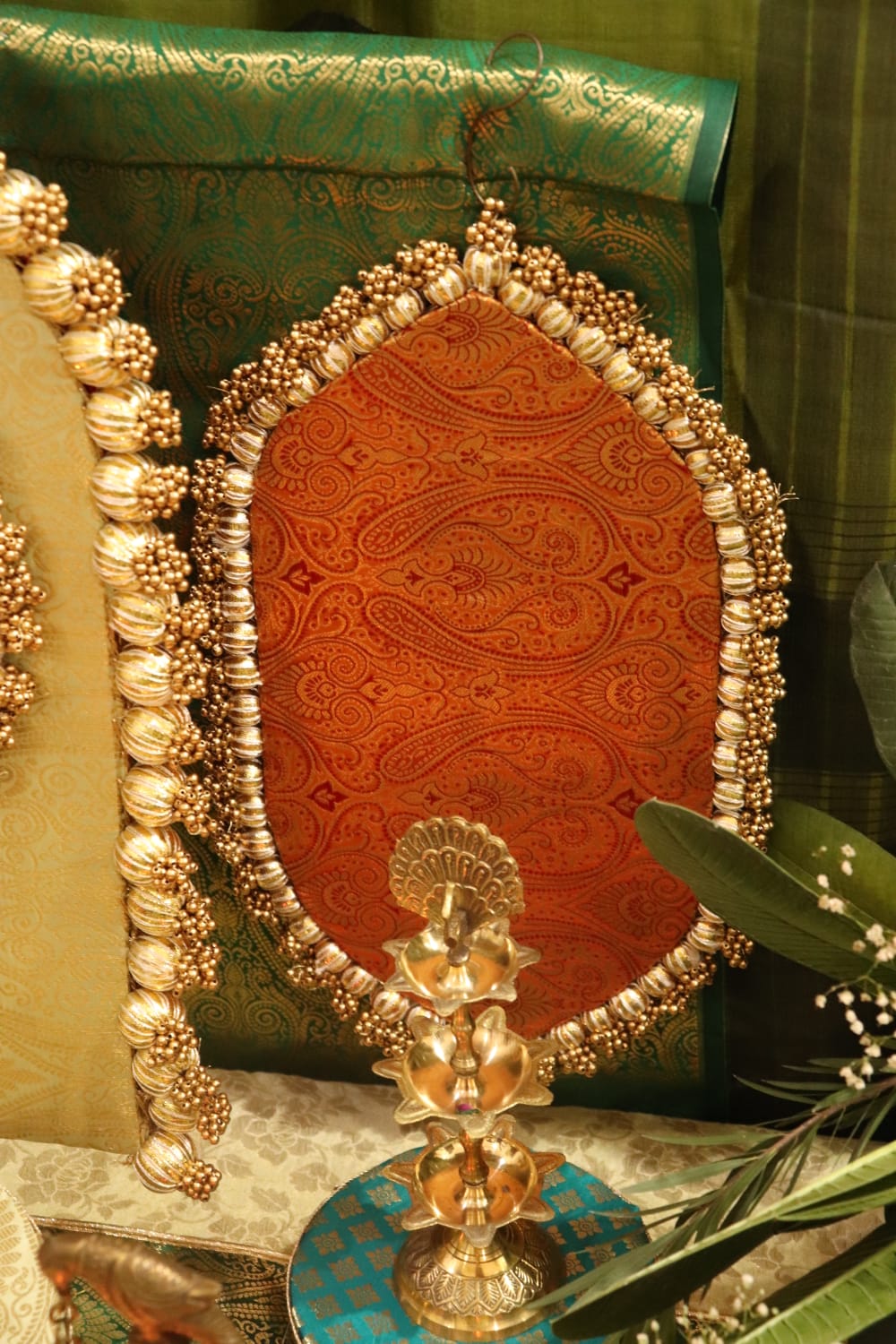 Traditional Durva Decor Set – Royal Green & Orange Pooja Decor Set ⭐ | Festive Mandir Decoration for Ganpati, Navratri & Diwali
