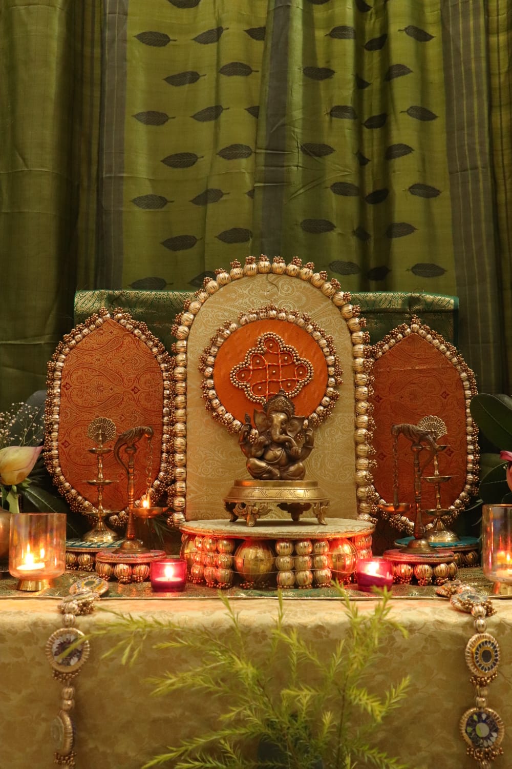 Traditional Durva Decor Set – Royal Green & Orange Pooja Decor Set ⭐ | Festive Mandir Decoration for Ganpati, Navratri & Diwali