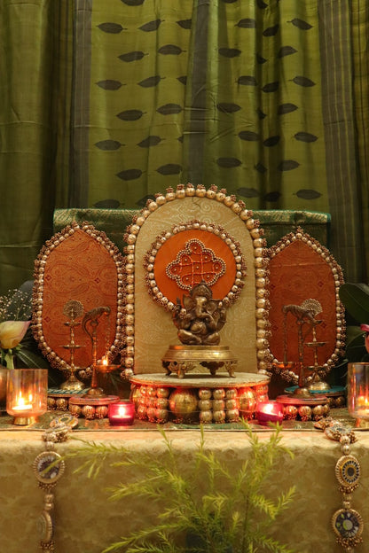 Traditional Durva Decor Set – Royal Green & Orange Pooja Decor Set ⭐ | Festive Mandir Decoration for Ganpati, Navratri & Diwali
