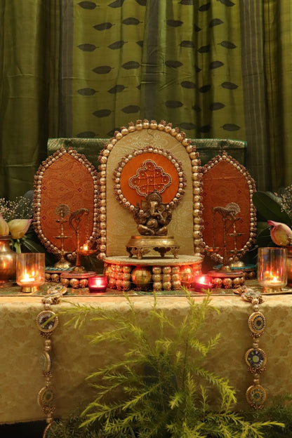 Traditional Durva Decor Set – Royal Green & Orange Pooja Decor Set ⭐ | Festive Mandir Decoration for Ganpati, Navratri & Diwali