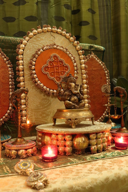 Traditional Durva Decor Set – Royal Green & Orange Pooja Decor Set ⭐ | Festive Mandir Decoration for Ganpati, Navratri & Diwali