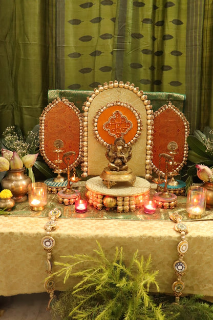 Traditional Durva Decor Set – Royal Green & Orange Pooja Decor Set ⭐ | Festive Mandir Decoration for Ganpati, Navratri & Diwali