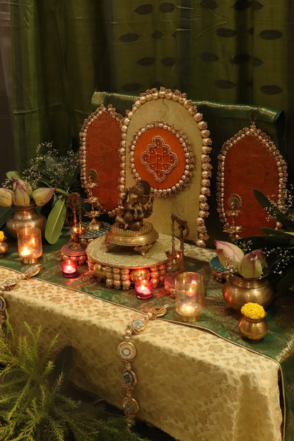 Traditional Durva Decor Set – Royal Green & Orange Pooja Decor Set ⭐ | Festive Mandir Decoration for Ganpati, Navratri & Diwali