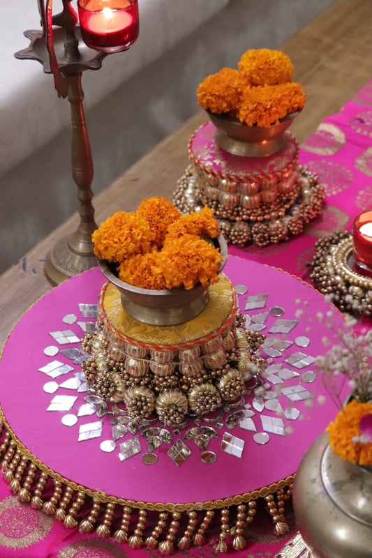 Genda Aur Roshaniyan - Festive Coffee Table Decor Set | Banarasi Pink & Gold Styling