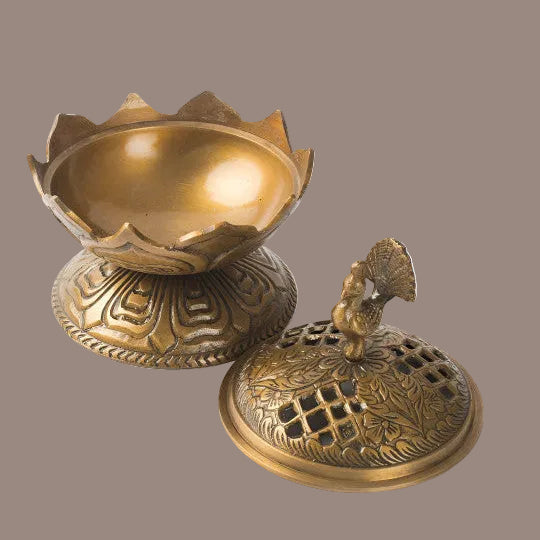 Vintage-Style Brass Lotus Incense Cone Holder with Peacock Finial