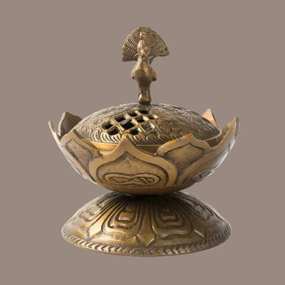 Vintage-Style Brass Lotus Incense Cone Holder with Peacock Finial