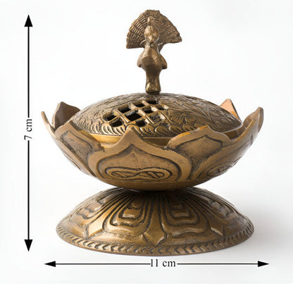 Vintage-Style Brass Lotus Incense Cone Holder with Peacock Finial