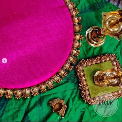 Tiered Beige & Gota Rani Pink Placemat Combo: Elegant Wooden Beads & Fabric Décor Set