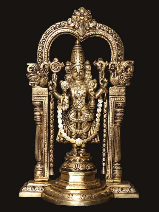 13" Standing Tirupati Balaji Venkateshvara Brass Statue with Kirtimukha Arch | Lord Venkateswara Idol for Home Temple Decor & Pooja